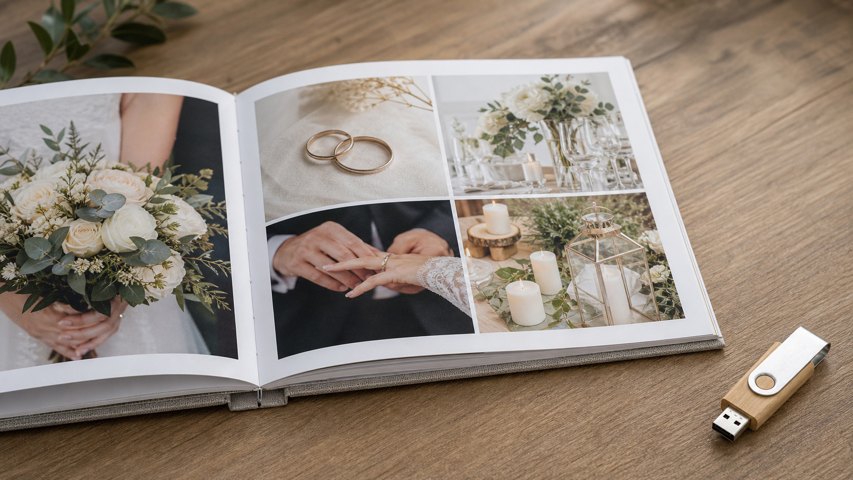 Album de mariage imprimé ouvert avec clé USB de livraison